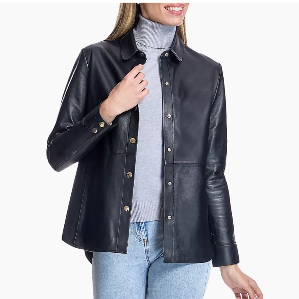 MAXIMILIAN Black leather snap shirt jacket shacket XS NWT